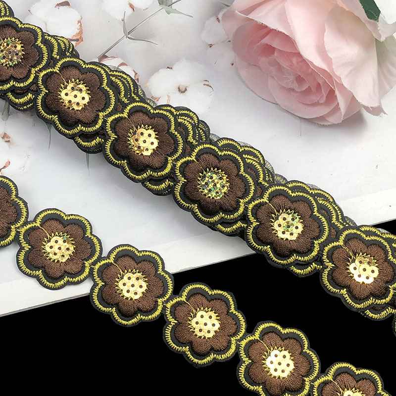 Encaje Bordado con Lentejuelas de Flor de 3.5 cm, Poliéster, Termoadhesivo, para Ropa