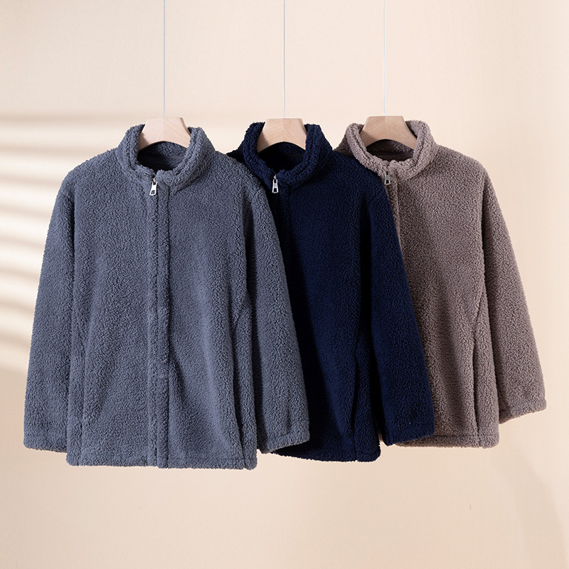 Pajamas Men's Coral Velvet Casual Style Lamb Wool Jacket Stand Collar Zipper Polar Fleece Warm Large Size Home Top