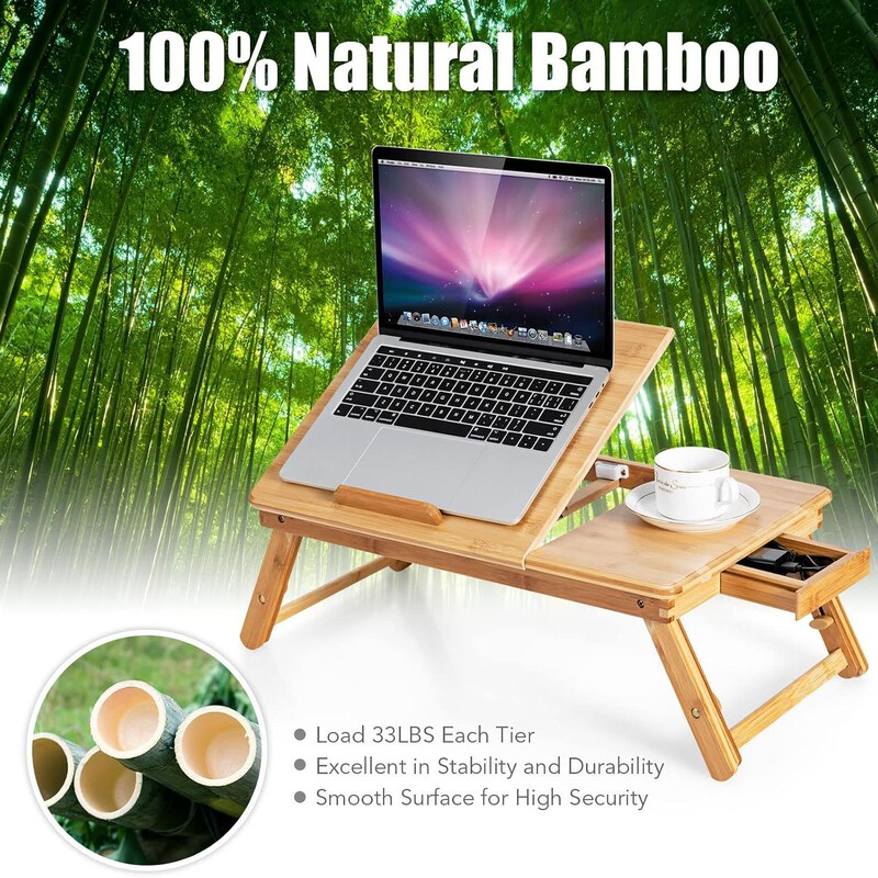 Bamboo Laptop Desk with Tiltable Tabletop and Drawer, Height Adjustable Portable Tray with Cooling Holes