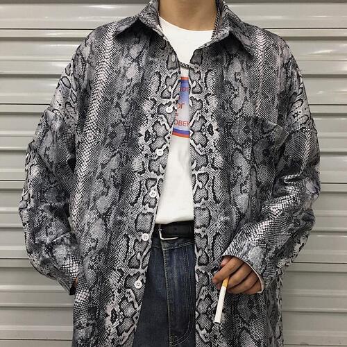 Spring and Autumn 2024 New Rugged Cool Ins Retro Dark Black Melancholy Snakeskin Pattern Long-Sleeve Shirt for Men and Women Couples Outerwear