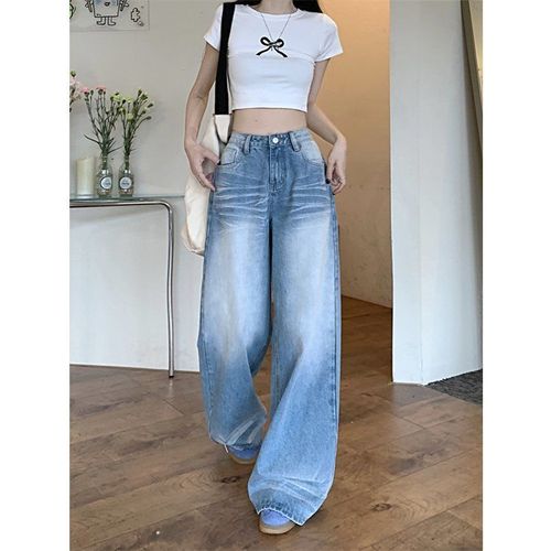 145 Petite Retro Distressed Whitened Wide-Leg Denim Jeans for Women - Fall and Summer High-Waisted Loose Floor-Length Straight Leg Pants