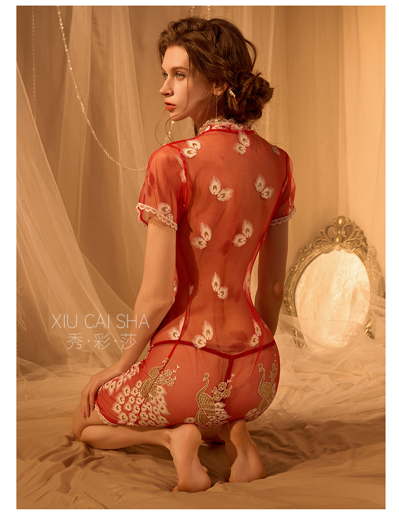 Phoenix Embroidered See-Through Cheongsam-Style Lingerie Set, Blue Lace, One Size — detail image 16