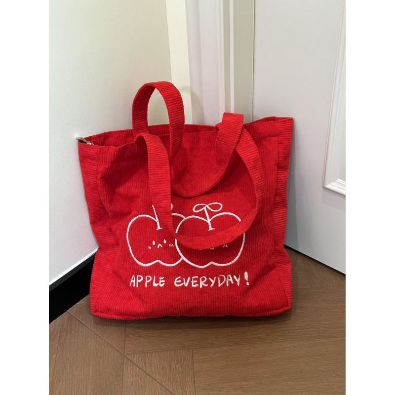 Cross-border 2025 New Apple Embroidered Tote Bag Red Large Capacity Canvas Bag Women's All-match Commuter Shoulder Bag