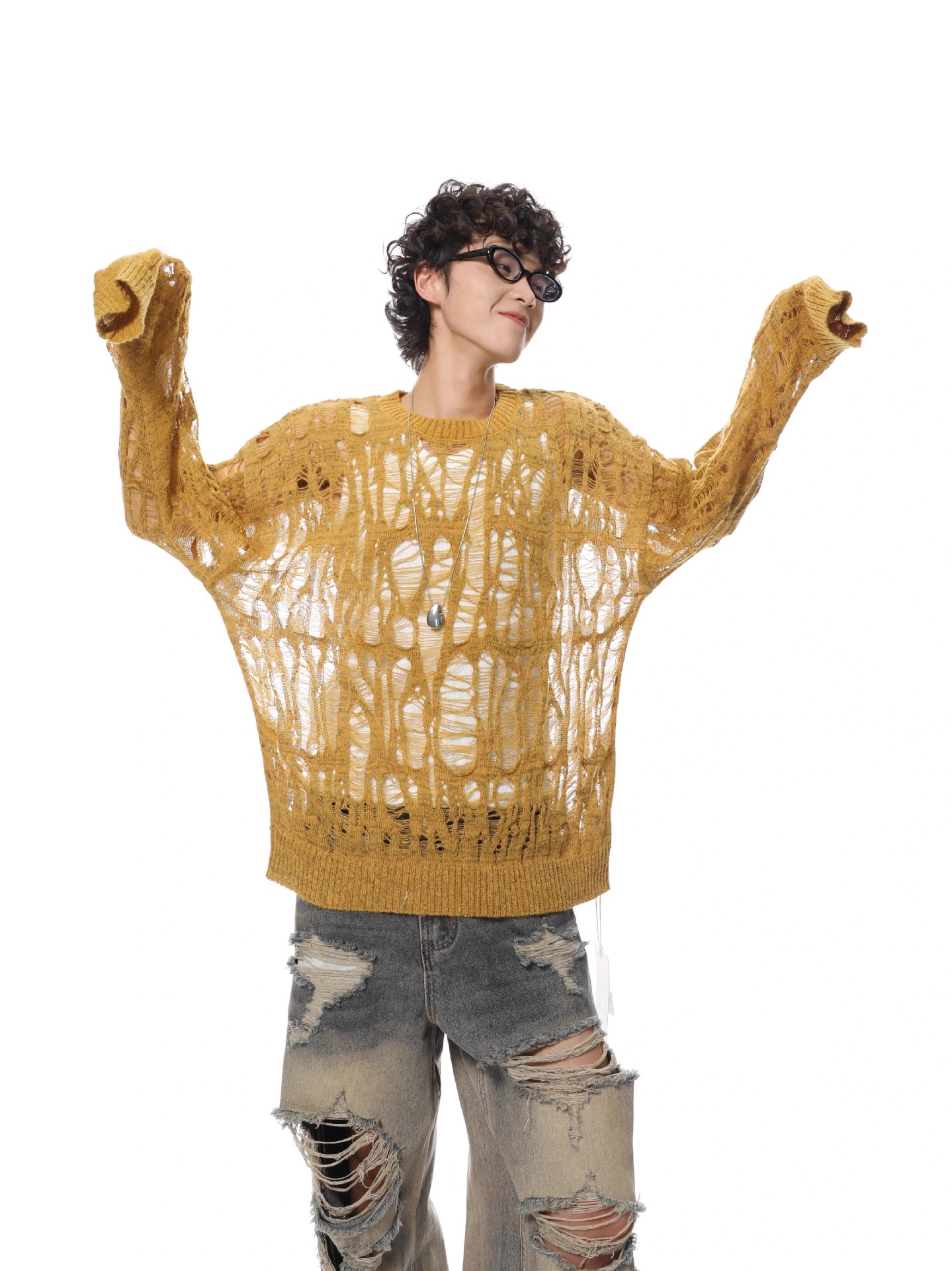 Diseño de nicho sensación de hollow overhead suéter hombre relajado casual versátil perezoso agujero jersey top