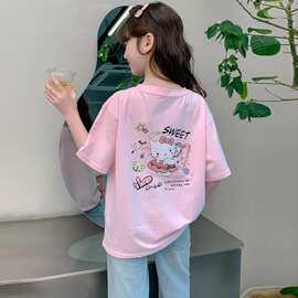 女童夏装恤2026新款儿童洋气女孩夏季短袖体恤卡通猫咪宽松上衣