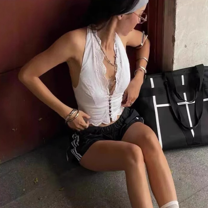 Setstudi* White Lace Crochet Halter Top for Women 26 Summer Pure Desire Style Vacation Camisole + Short Skirt Set