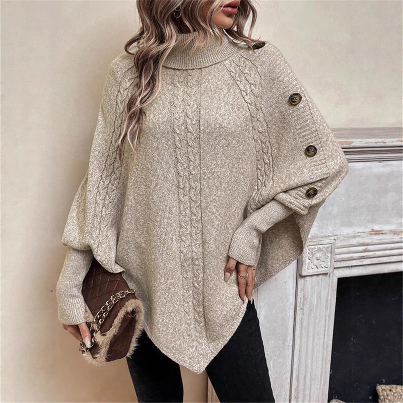 European and American Autumn and Winter New Cable Women's Sweater Amazon Cross-Border Fashion High-Neck Button-Decorated Long-Sleeve Batwing Top