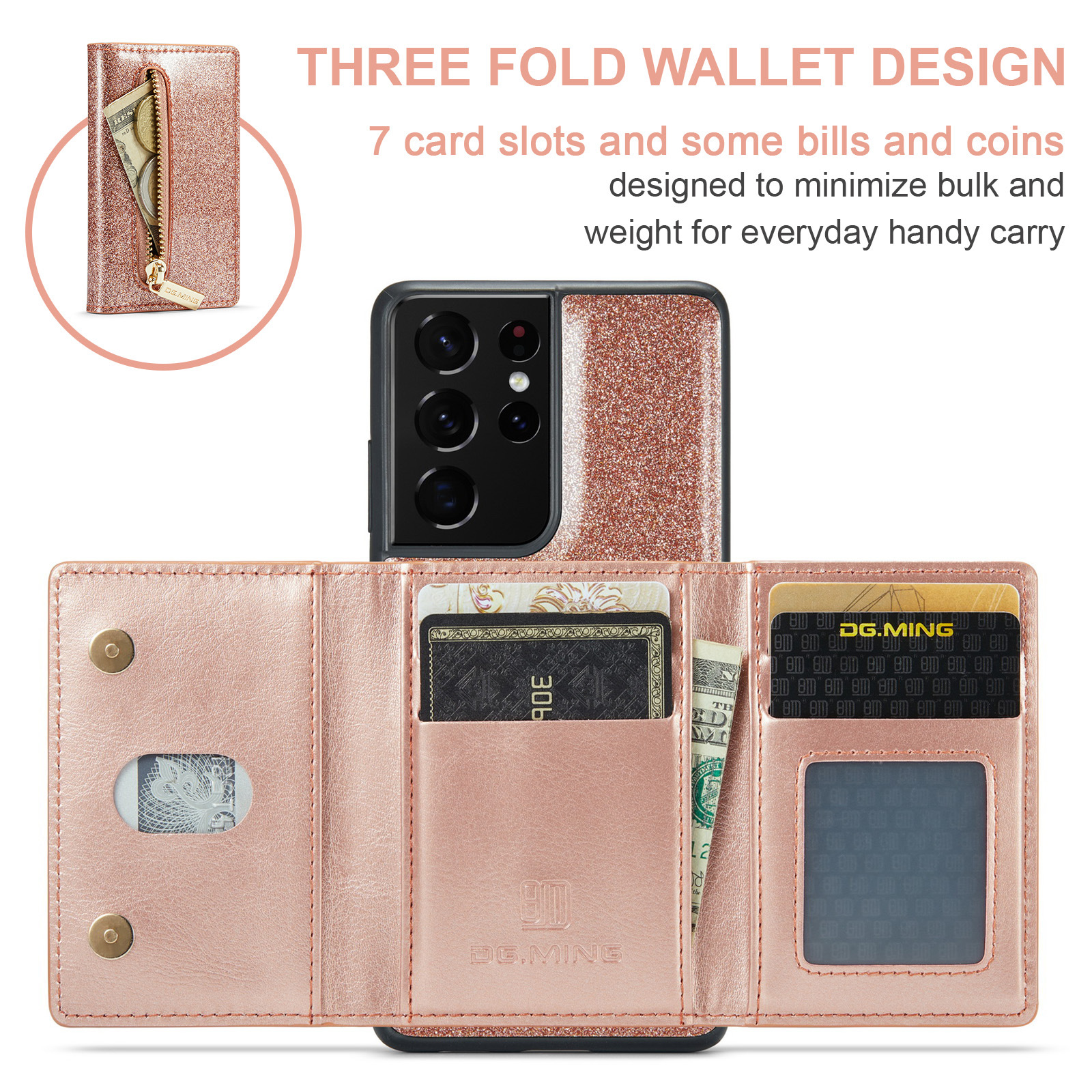 M3 per Samsung S21 Ultra 2 in 1 custodia in pelle glitterata con ventosa magnetica custodia per telefono diviso custodia protettiva portafoglio S21_voghion.com