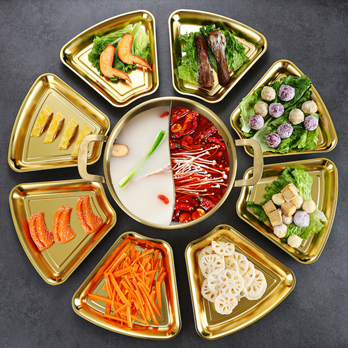 Korean stainless steel hot pot dish, barbecue snack plate, round plate, barbecue plate set, 304 gold plate