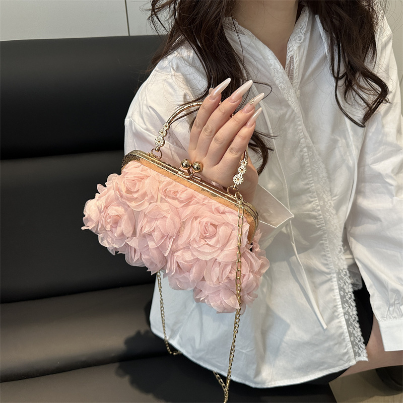2025新款夏季甜美玫瑰花晚宴链条包宴会手提包旗袍晚装文艺斜跨包