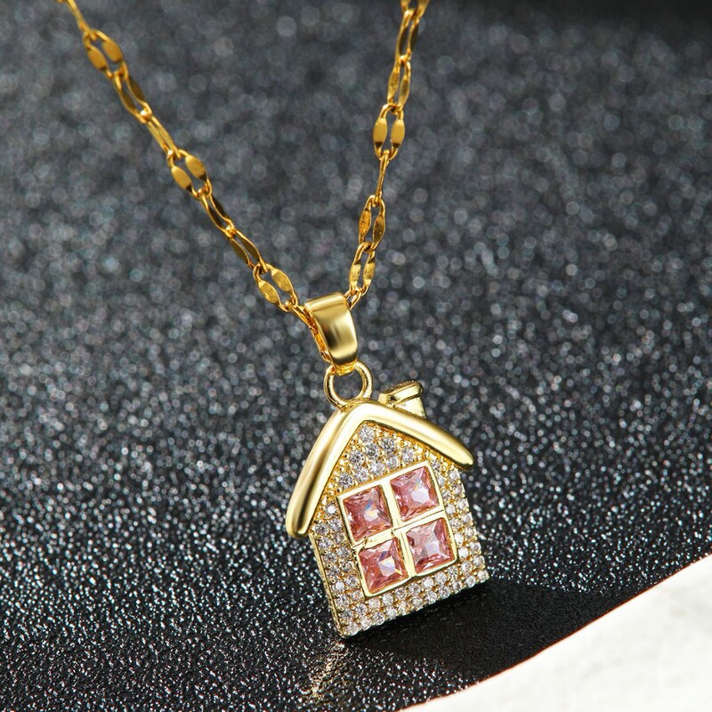 Pink Diamond Gold Cottage Necklace, Light Luxury Niche Design, High-End Titanium Steel Non-Fading Clavicle Chain Accessories Wholesale