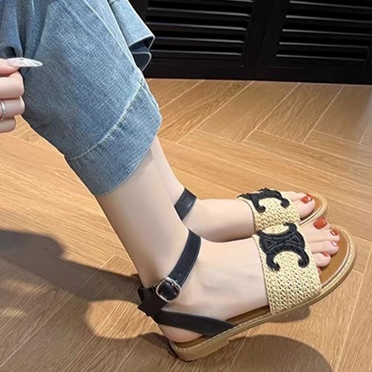夏季爆款复古凯旋门草编露趾一字带罗马凉鞋女夏平底仙女风凉拖鞋|undefined