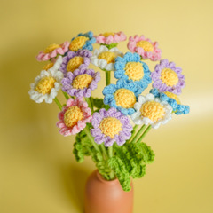 完成品の手作りのかぎ針の毛糸は小さいデイジーの花束のアイデアを編みます。