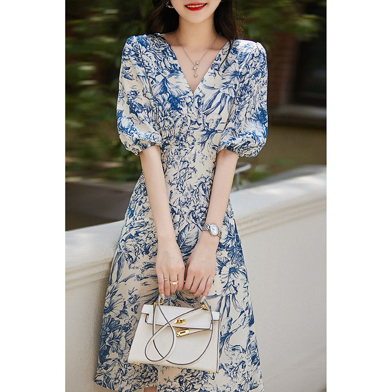 New Guofeng Heavy Silk Dress Blue and White Porcelain Mulberry Silk Skirt Bubble Sleeve Ethnic Style Summer Women's Clothing