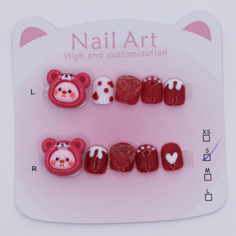 Children's Short Cartoon-Style Hand-Painted Beaver Ruby Fake Nails Nail Art Stickers for Ages 3~12, Full Coverage