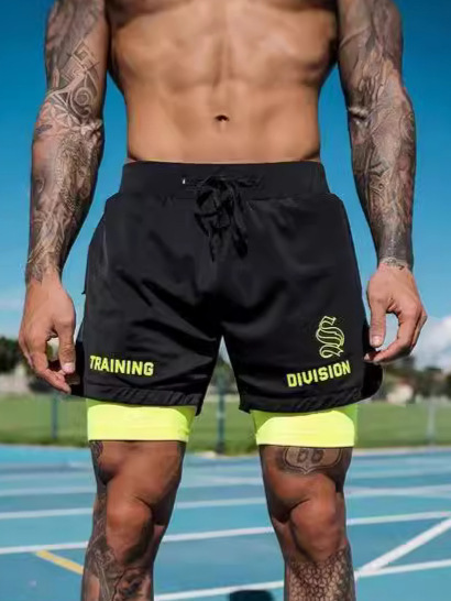 American Sports Shorts Men's Fitness Four-point Quick-dry Running Double-layer Fake Two-piece Basketball Training with Lining Two-in-one