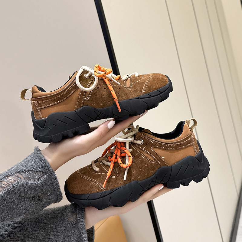 2025 New Genuine Leather American Style Casual Colorblock Platform Shoes Women's Outdoor Hiking Casual Sports Torre Shoes