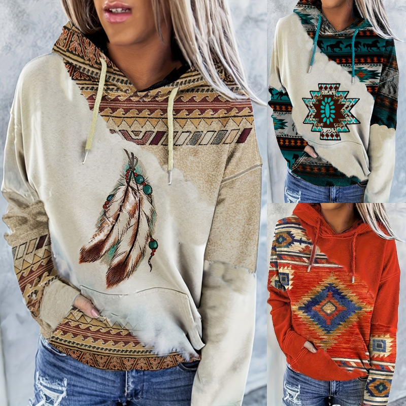 2026 Cross-Border Hot-Selling Women's Round-Neck Pullover Hoodie with Western Ethnic Style Retro Print, Artistic Women's Top Hoodie