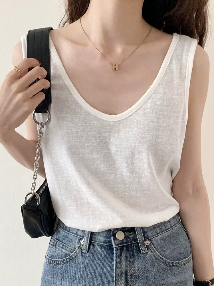 белый жилет для женщин, который можно носить на улице летом, с большим вырезом, тонкими хлопковыми и льняными подтяжками, свободной футболкой без рукавов