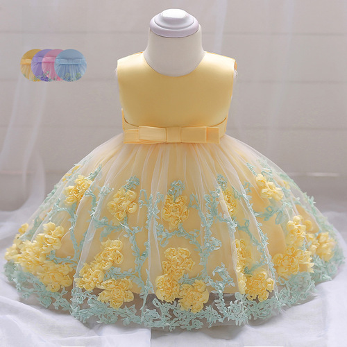 2024 New 100-Day Birthday Dress for Girls and Children - Princess Dress with Fresh Butterfly Bow and Flower Design