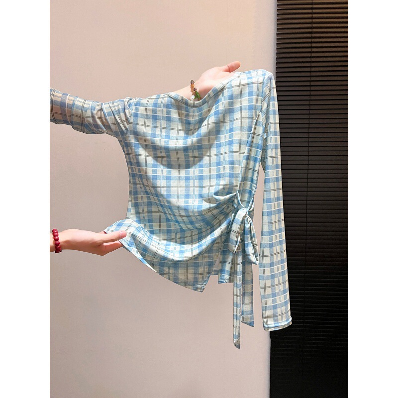 Purely desirable style printed long-sleeve mesh T-shirt for women, new autumn design with tie straps, short and slim-fitting top