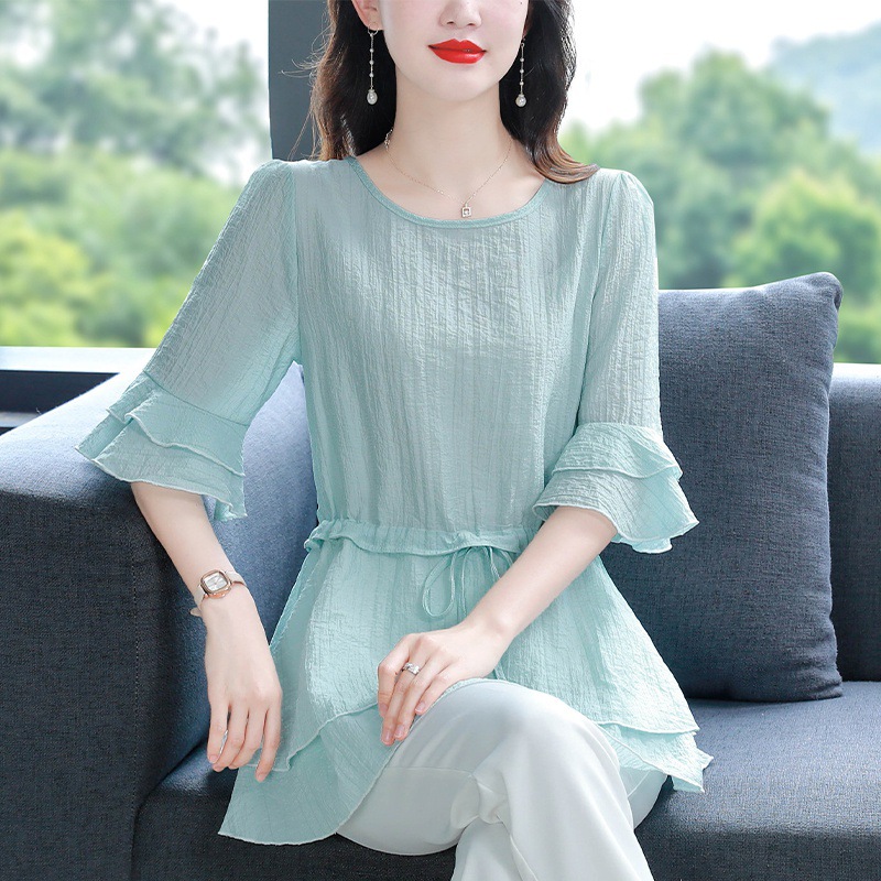 高品质减龄中年女夏收腰显瘦新款中长款大码显瘦收腰裙摆上衣衬衫