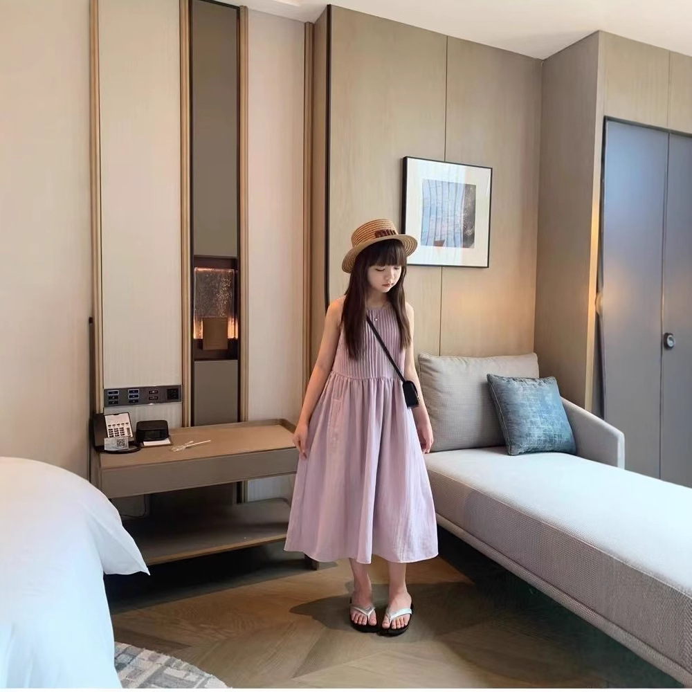 Girls' Solid Color Fashionable Sleeveless dress Big Children's Summer New Gentle Comfortable All-match Elegant Slip Skirt Trendy