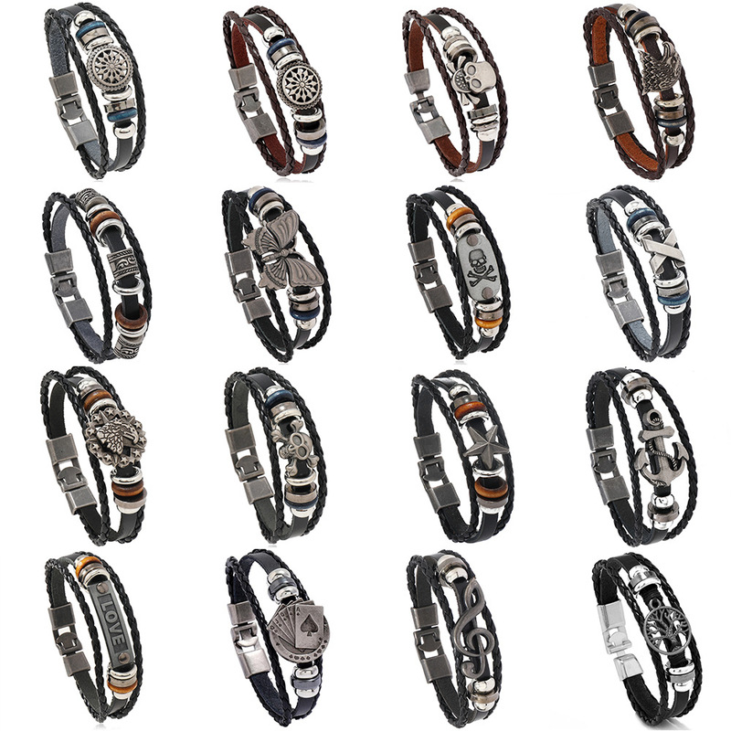 Cross-border e-commerce Europe and the United States punk jewelry factory supply cowhide bracelet retro leather bracelet buckle bracelet jewelry