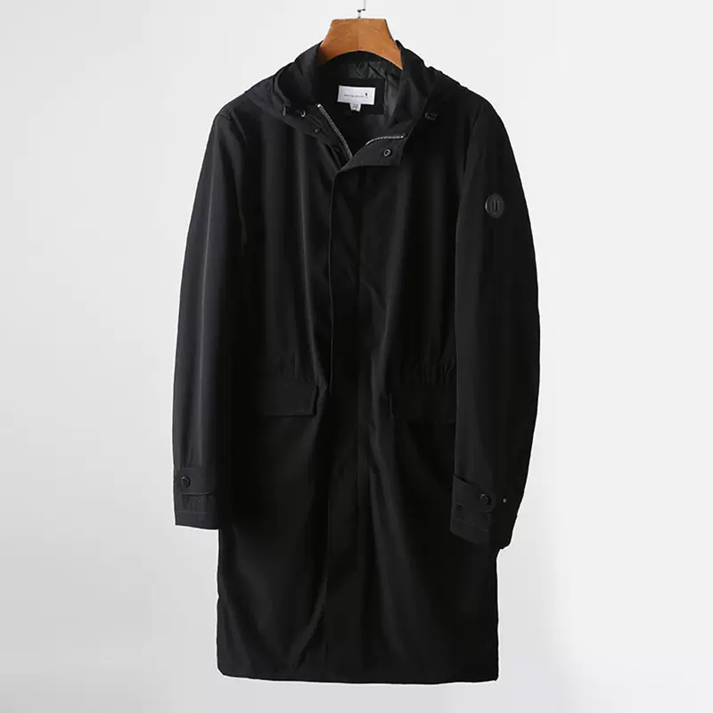 撤柜牛奶丝连帽外套男夹克春秋季免烫时尚中长款收腰风衣男301052