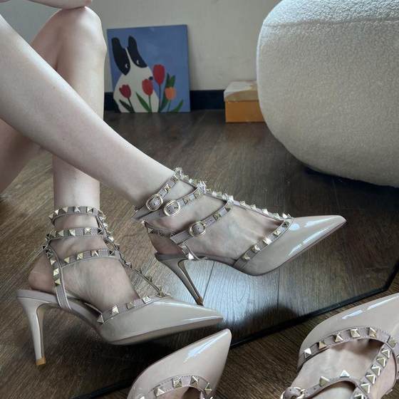 Three-ring Rivet High Heels 2024 Spring New Popular Pointed Toe Stiletto Sandals One-word Buckle Single Shoes for Women