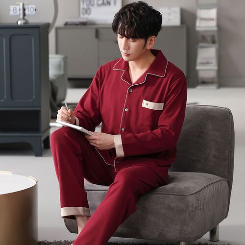 Men's Sleepwear Autumn/Winter Long Sleeve Set 100% Cotton Mid-Youth Loose and Fat Plus Size Collared Pajamas Home Wear