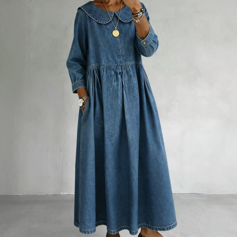 European and American Style Denim Dress, Summer Loose Casual Doll Collar Long-Sleeve Pocket Shirt Dress, Cross-Border Amazon Women's Clothing