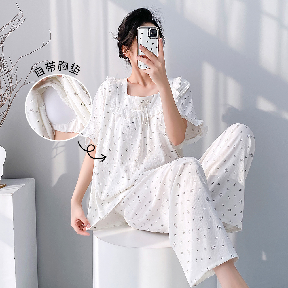 云朵棉睡衣女可外穿蝴蝶结家居服带固定胸垫夏季短袖甜美睡衣套装