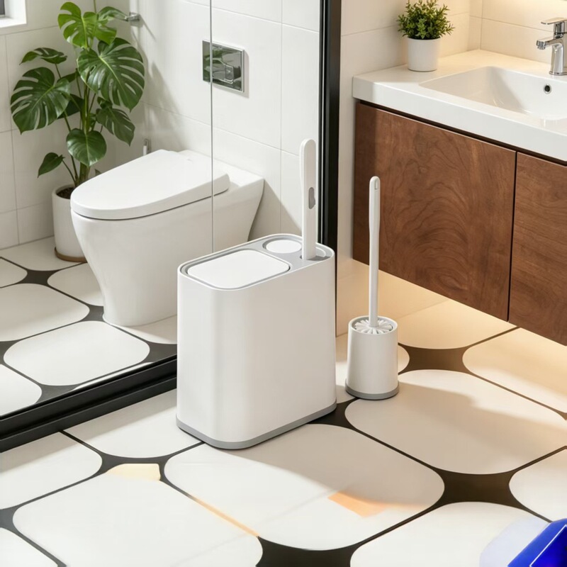 Toilet Brush and Disposable Trash Can 2-in-1 with Lid, Long Handle, No-Wash, Household Storage Paper Basket