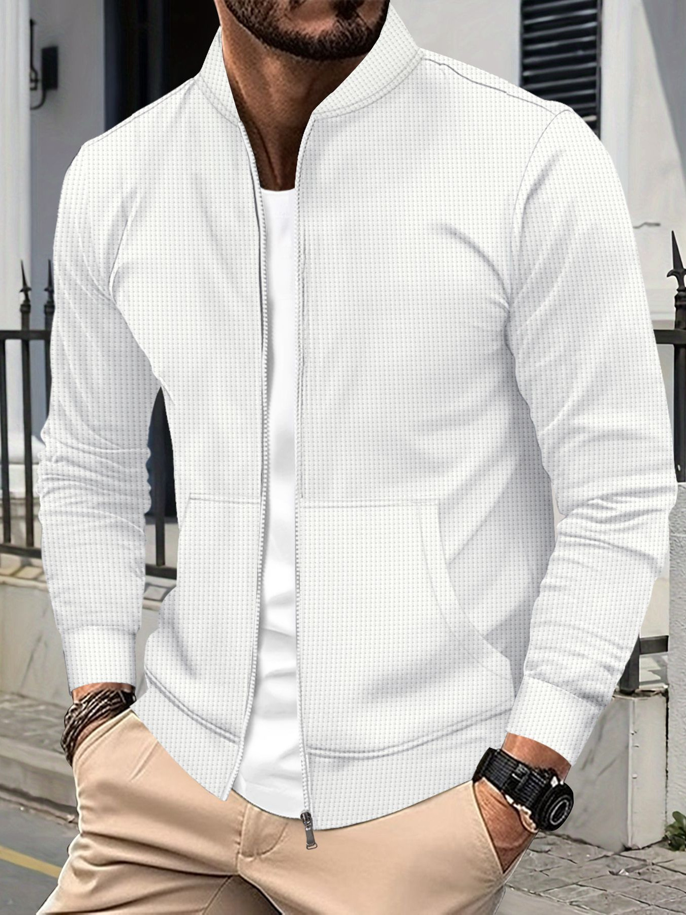 Herren Baseballjacke Langarm Waffelstrick Einfarbig Mit Reißverschluss_voghion.com