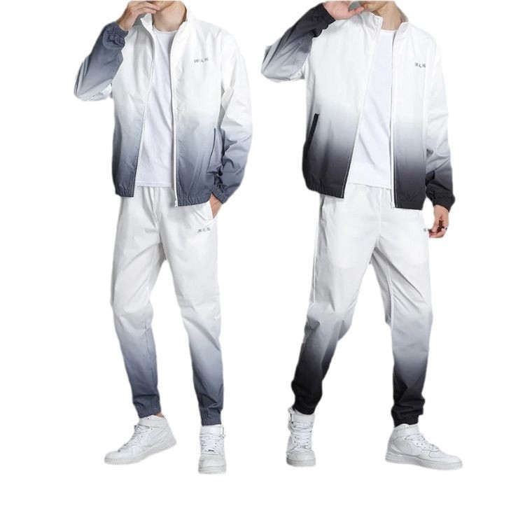 Primavera y otoño suéter de color gradiente ropa deportiva masculina primavera ropa de trabajo de moda abrigo de cuello de pie casual hombre conjunto de dos piezas transfronterizo