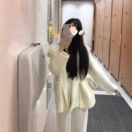 法式温柔白色连帽翻领毛衣外套女秋冬慵懒风小个子针织衫上衣开衫