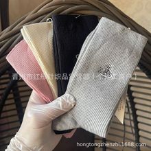 出口日单西太后土星标刺绣袜子秋冬纯色双针羊绒中筒袜时尚堆堆袜