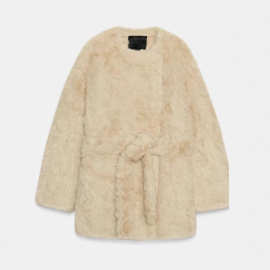 原TAOP&ZA新款女装时尚高端仿皮草外套中长款配腰带人造皮草大衣