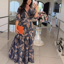 亚马逊外贸2025欧美女装夏季新款V领时尚优雅印花长款连衣裙女