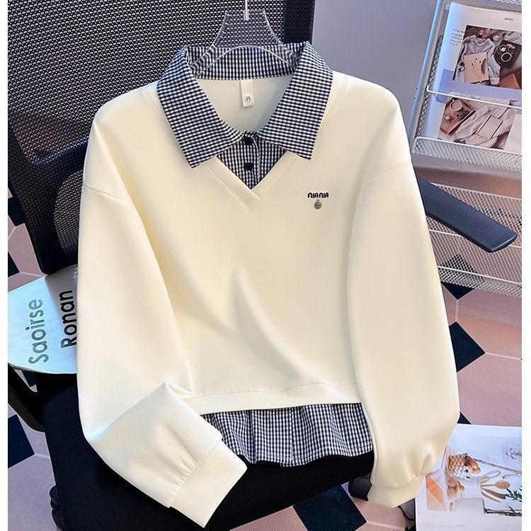 假两件拼接格子polo翻领卫衣女春秋季2025新款设计感宽松无帽上衣|undefined