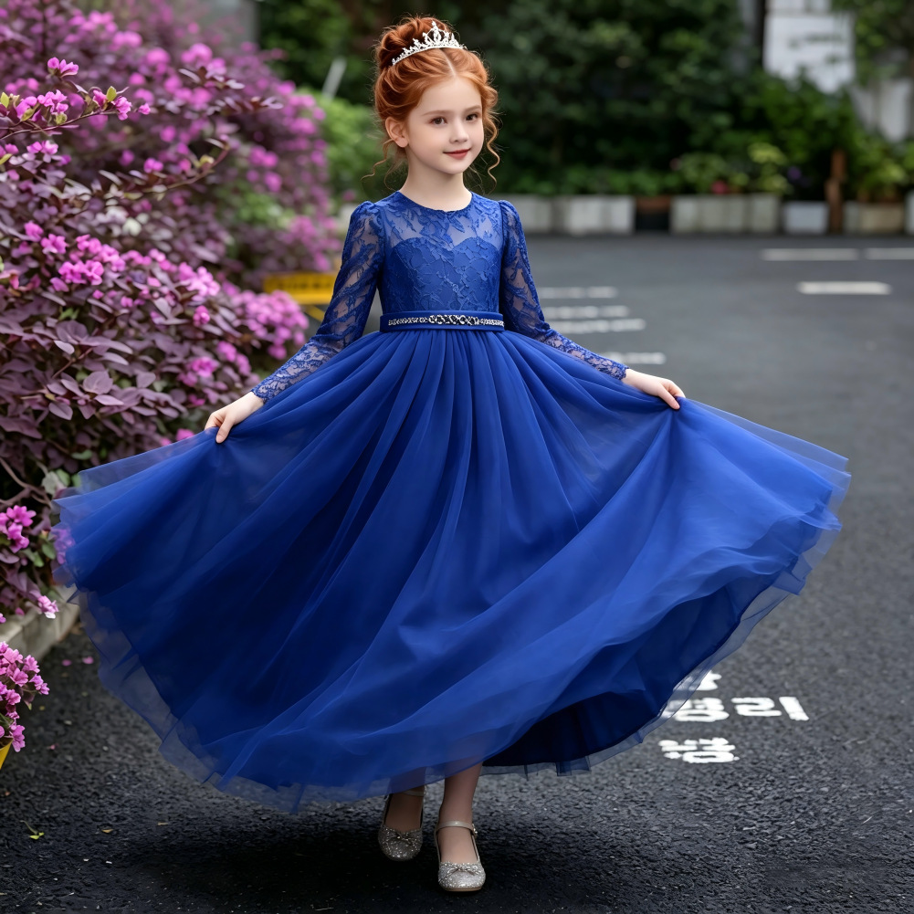 Long-sleeve, wedding dress, small princess costume, long skirt, piano performance costume, European style, for teenagers, lace dress 2