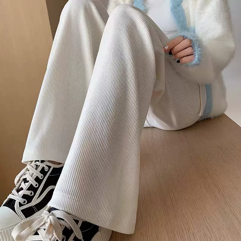白色灯芯绒阔腿裤女秋冬2025新款高腰垂感直筒休闲窄版条纹女裤子