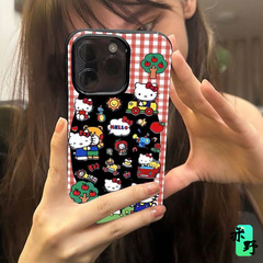 ニッチな携帯電話ケース 赤い格子柄 ケイティ猫 iPhone16promax Apple 15/14 保護ケース 滑り止め