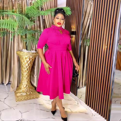 Cross-border women's African elegant side-inserted wide belt pocket design dress with stand-up collar and same-color front and back bead embellishment