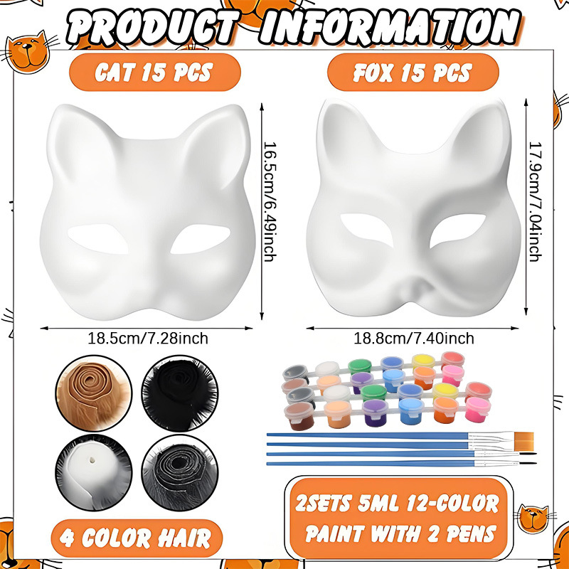 Amazon venta caliente niños bricolaje máscara de gato material conjunto de cara de gato de Halloween zorro máscara de graffiti pintada a mano