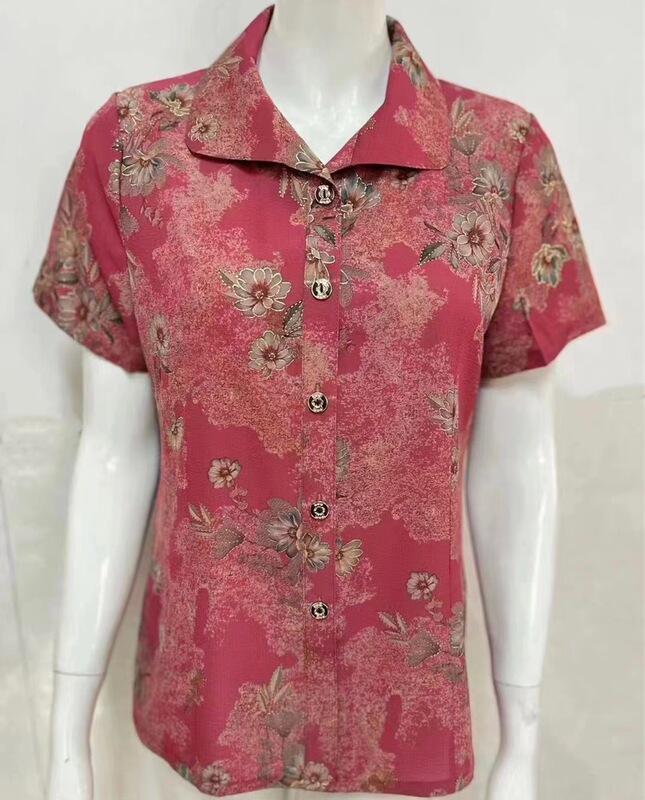 Middle-aged and Elderly Shirt Women's Mother's Short-sleeved Printed Shirt Summer Grandma's Base Shirt Loose Large Size Top