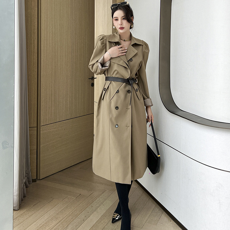 Khaki vintage puff sleeve trench coat for women, mid-length, waist-cinching, double-breasted, elegant and classy jacket 5963