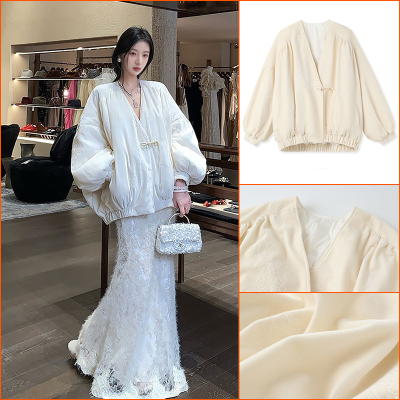 Winter New Chinese-Style Loose V-Neck Embroidered High-End Simple down Jacket Warm Design Coat for Women Nx065