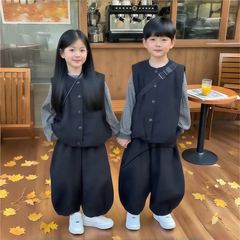 儿童秋装套装2025新款宝宝衣服男童春秋条纹韩版马甲三件套潮